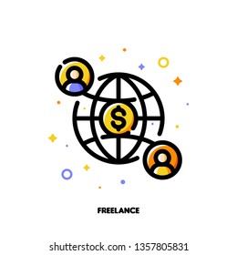 Icon of two abstract people on background of globe for freelance or self-employment concept. Flat filled outline style. Pixel perfect 64x64. Editable stroke