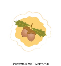 Icon of two acorns and oak leaves. Vector hand drawn illustration.