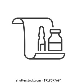 Icon of two ampoules of different shapes with coronavirus vaccine on a piece of paper. Image of a Certified Virus Injection Preparation. Isolated linear vector image on a clean white background.