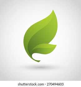 Icon with two bright green leaves for eco friendly, organic, natural or bio product concept