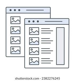 An icon of two cascading browser windows with four images icons with text, representing an image carousel, image gallery, or image slider with text.