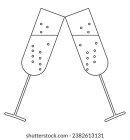 Icon with two champagne glasses and bubbles. Line drawing. Doodle illustration