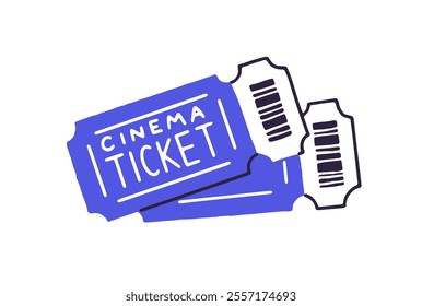 Icon of two cinema tickets. Blue theater entrance coupons. Cards with barcode to pass to movie. Paper bar code to film display, concert, show. Flat isolated vector illustration on white background