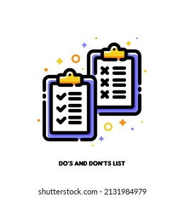 Icon of two clipboards with check and cross symbols for do's and don'ts list or positive and negative reactions concepts. Flat filled outline style. Pixel perfect 64x64. Editable stroke