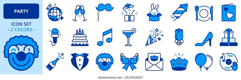 Icon in two colors about party. Contains such icons as supplies, decoration, disco ball, gifts and invitations. Editable stroke. 