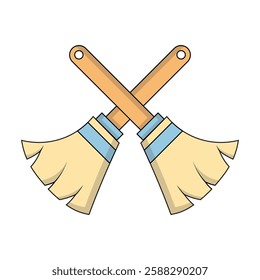 Icon of two crossed brooms with wooden handles and beige bristles, accented by blue bands near the base. Symbolizes cleaning services, housekeeping, and sanitation. Minimalist and visually appealing.