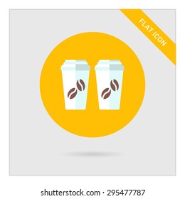 Icon of two disposable coffee cups with cover and coffee beans picture