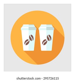 Icon of two disposable coffee cups with cover and coffee beans picture