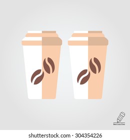 Icon of two disposable coffee cups with cover and coffee beans picture