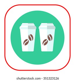 Icon of two disposable coffee cups with cover and coffee beans picture