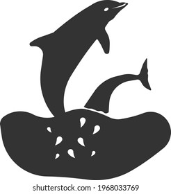 An icon of two dolphins swimming in the water. Vector image isolated on a white background. Flat icon in black style.