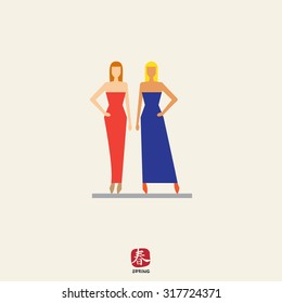 Icon of two fashion models demonstrating evening dresses