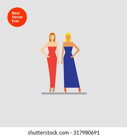 Icon of two fashion models demonstrating evening dresses