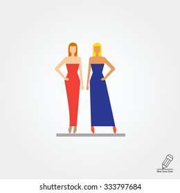Icon of two fashion models demonstrating evening dresses