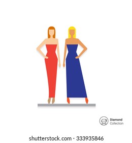 Icon of two fashion models demonstrating evening dresses