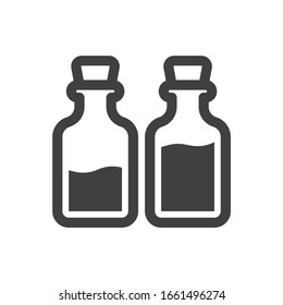 Icon of two glass bottles with different levels of liquid in them. Minimalistic linear design. Isolated vector on a white background.