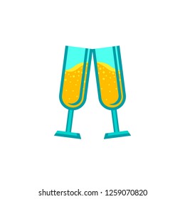 Icon of two glasses with yellow bubbly wine, vector drawing of traditional celebratory beverage, isolated. Illustration of glasses touching in golden yellow and minty green color for print and web