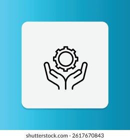 Icon of two hands holding a gear, representing care for machinery, technical support, and system management.