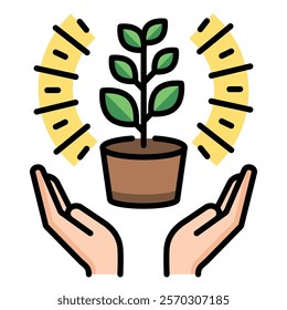 Icon of two hands holding a glowing plant, symbolizing growth, sustainability, and environmental care. Perfect for eco-friendly, green initiatives, and nature conservation