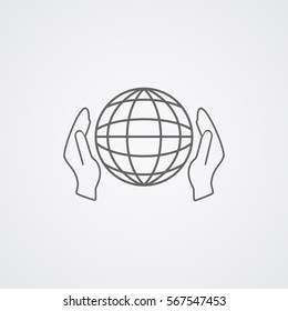 Icon, two hands protect the planet from global warming. Environmental symbol. Vector illustrations.