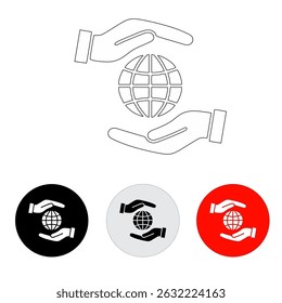 icon of two hands protecting a globe, line icon, black and white, using a round button with dark black and white and red colors