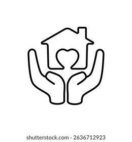 Icon of two hands supporting a house with a heart symbol inside, suitable for non-profit organizations, charities, social campaigns, adoption websites, or materials related to child and family welfare