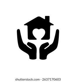 Icon of two hands supporting a house with a heart symbol inside, suitable for non-profit organizations, charities, social campaigns, adoption websites, or materials related to child and family welfare