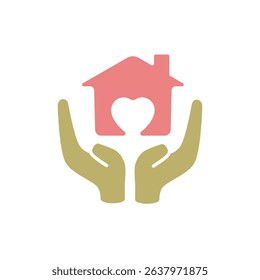 Icon of two hands supporting a house with a heart symbol inside, suitable for non-profit organizations, charities, social campaigns, adoption websites, or materials related to child and family welfare