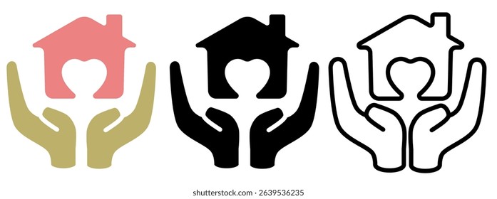 Icon of two hands supporting a house with a heart symbol inside, suitable for non-profit organizations, charities, social campaigns, adoption websites, or materials related to child and family welfare