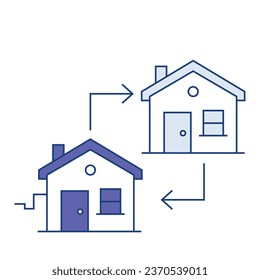 El icono con dos casas y dos flechas representa el intercambio de propiedades y la transición en la propiedad inmobiliaria.