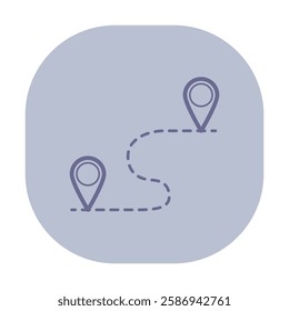 Icon of two location markers connected by dotted line, symbolizing travel route. Journey planning between destinations concept