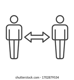 Icon of two people at a certain distance from each other with a two-way arrow between them. A sign of safe distance between people. Linear isolated vector on a white background.