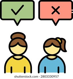 Icon of two people with checkmark and cross speech bubbles representing opposing views, approval and rejection in group discussion