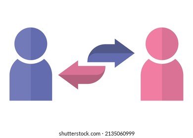 Icon of two people and an exchange arrow between them. A simple image of translation, exchange, replacement between people. Isolated vector illustration on a white background.