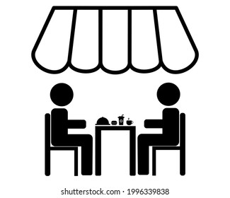 icono de dos personas sentadas en un lugar para comer con platos en la mesa, bueno para los símbolos de restaurantes, cafés, comedores y otros lugares para comer