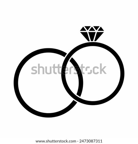 Icon of two rings with diamond or other gem. Engagement or marriage ring, jewelry. Set of rings. Vector black symbol, sign.
