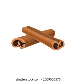 Icon of two rolled cinnamon sticks. Cooking ingredient. Aromatic condiment for dishes. Culinary theme. Decorative element for poster with tea. Detailed vector icon