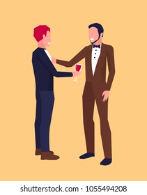 Icon with two smiling males in middle of conversation, one of them has glass of wine. Vector illustration of two men in suits isolated on orange background