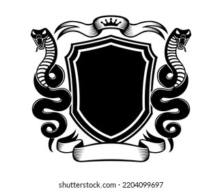 Icon with two snakes and a shield on a white background.