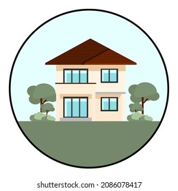 Icon of two storey house with landscape.