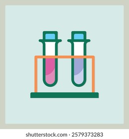 Icon of two test tubes with different liquid colors on a green rack 66