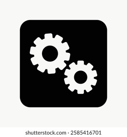 Icon of two white gears on a black square background. Simple gear design, representing machinery, engineering, or settings. Gear icon in monochrome style. User interface icon vector.