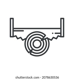 The icon for a two-handed saw that cuts a log. A simple line drawing of a wooden log and a two-handed saw. Isolated vector on pure white background.