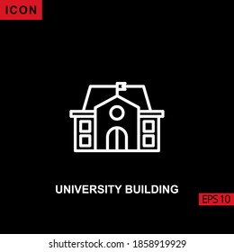 Icono vector de construcción de la universidad sobre fondo negro. Línea de ilustración, icono lineal, lineal y lineal para gráficos, interfaces de medios impresos y diseño web.