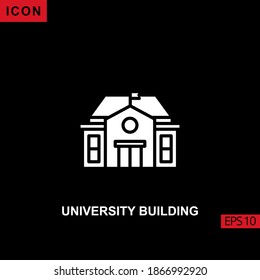 Icon university building vector on black background. Illustration glyph, flat or filled white icon for graphic, print media interfaces and web design.
