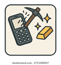 Icon "Urban Mining" - An old mobile phone being "mined" for precious metals, not thrown away.