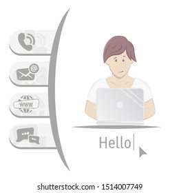 Icon us contacts. Man sitting at table with laptop
