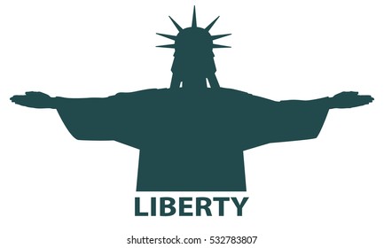 Icon, the US Statue of Liberty. New York landmark. poster sculpture. Dark green silhouette on a white background. American symbol. logo, illustration EPS 10