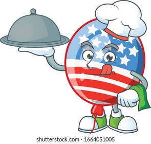 Un ícono de globo de franjas estadounidenses como chef con comida en bandeja lista para servir