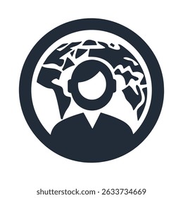 Icon of a user in front of a world map, representing global reach, business identity, and international connection